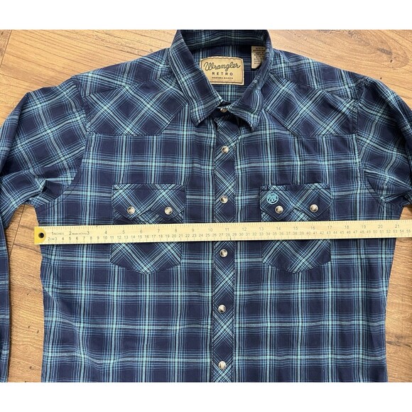 Wrangler Pearl Snap Shirt Mens M Blue Plaid Western Cowboy Sawtooth Pockets Yoke - Picture 5 of 10